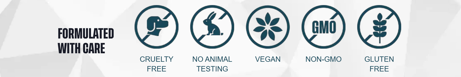Formulato con cura — cruelty free, nessuna sperimentazione animale, vegano, non OGM, senza glutine