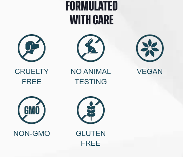 Formulato con cura — cruelty free, nessuna sperimentazione animale, vegano, non OGM, senza glutine