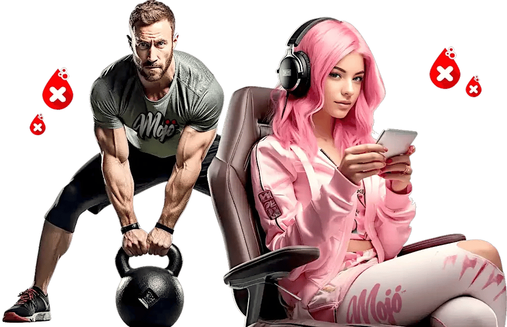 Uomo che solleva un kettlebell accanto a una ragazza gamer in tuta Mojo