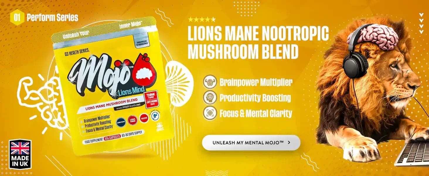 Mojo Lions Mind — miscela di funghi nootropici mane di leone: moltiplicatore di potenza cerebrale, aumento della produttività, focus e chiarezza mentale. Libera il mio Mojo mentale.